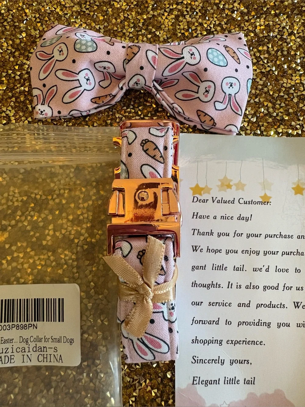Pink Bunny Print NWT Small Dog Bow Tie Collar with Rose-Gold Hardware.